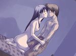  1girl arm_holding ass bed bedroom black_hair blush breasts closed_eyes clothed_male_nude_female couple dutch_angle game_cg grabbing happy hetero holding_hands indoors jpeg_artifacts kiss kneeling koike_sadaji long_hair nude shuumatsu_no_sugoshi_kata small_breasts undressing 