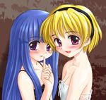  blonde_hair blue_hair blush flat_chest furude_rika hairband higurashi_no_naku_koro_ni houjou_satoko lingerie long_hair lowres mizuki_yurine multiple_girls purple_eyes red_eyes short_hair smile underwear 