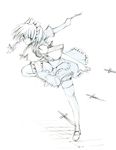  braid greyscale izayoi_sakuya knife maid monochrome seo_tatsuya solo thighhighs touhou twin_braids 