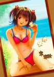  beach bikini blush breasts brown_hair cleavage collarbone copyright_request day hair_ornament highres jigsaw_puzzle kobayashi_yuuji midriff navel ocean one-piece_tan puzzle red_eyes signature sitting small_breasts smile solo star swimsuit tan tanline twintails water 