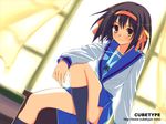  blue_sailor_collar blue_skirt brown_hair kita_high_school_uniform long_sleeves sailor_collar school_uniform serafuku short_hair skirt solo suzumiya_haruhi suzumiya_haruhi_no_yuuutsu yuuki_keisuke 