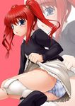  blue_eyes blue_panties blush copyright_request kirin_kakeru long_hair long_sleeves looking_at_viewer miniskirt panties red_hair shirt shoes skirt skirt_hold socks solo striped striped_panties twintails underwear white_legwear zoom_layer 