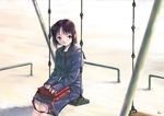  brown_hair copyright_request highres kobayashi_yuuji school_uniform short_hair side_ponytail sitting solo swing 