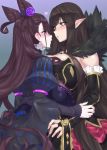  2girls absurdly_long_hair absurdres bangs black_dress black_hair blush breasts bridal_gauntlets brown_hair double_bun dress empty_eyes eye_contact fate/apocrypha fate/grand_order fate_(series) frills fur_trim hair_between_eyes hair_ornament highres hug large_breasts long_dress long_hair long_sleeves looking_at_another mizuumi_(bb) multiple_girls murasaki_shikibu_(fate) open_mouth pointy_ears puffy_sleeves purple_eyes semiramis_(fate) very_long_hair yellow_eyes yuri 