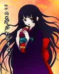  bangs black_hair blunt_bangs eating enma_ai hime_cut japanese_clothes jigoku_shoujo long_hair lowres red_eyes solo tougarashi_hideyu translation_request 