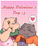  &lt;3 2019 absurd_res anthro blush brown_fur candy chocolate clothing domestic_cat duo eyes_closed felid feline felis food fur green_eyes hi_res holidays humanoid_hands kusosensei male mammal overweight overweight_male pink_nose shirt simple_background ursid valentine&#039;s_day 