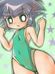  artist_request bangs bare_shoulders blue_hair blunt_bangs green_eyes lowres matsubara_kaoru one-piece_swimsuit open_mouth powered_buttercup powerpuff_girls_z short_hair swimsuit 