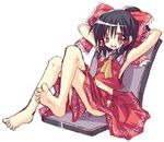  armpits arms_behind_head barefoot crossed_legs duplicate feet hakurei_reimu half_updo knees_up lowres satou_kibi sitting skirt soles solo toes touhou 