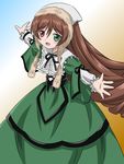  blush brown_hair corset dress drill_hair flat_chest frills green_dress green_eyes hat heterochromia lolita_fashion long_hair long_sleeves open_mouth red_eyes ribbon rozen_maiden solo suiseiseki takumi_(rozen_garten) twin_drills twintails very_long_hair 