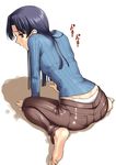  ass barefoot blue_hair denim downpants feet idolmaster idolmaster_(classic) idolmaster_1 jeans kisaragi_chihaya panties pants panty_peek panty_slip pantylines shiny soles solo tanaka_shoutarou toes underwear white_panties 