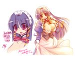  blue_hair blush_stickers breasts cleavage curtsey huge_breasts long_hair maid maid_headdress mel/a melmaid original pink_eyes red_eyes sidelocks 