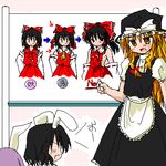  animal_ears apron armpits ascot bare_shoulders black_hair black_skirt blonde_hair bow brown_hair bunny_ears buttons comparison detached_sleeves frilled_apron frilled_skirt frills hair_bow hakurei_reimu hat inaba_tewi kirisame_marisa long_hair lowres multiple_girls murabito oekaki puffy_short_sleeves puffy_sleeves purple_hair red_bow red_neckwear red_skirt reisen_udongein_inaba ribbon-trimmed_sleeves ribbon_trim shirt short_hair short_sleeves skirt touhou waist_apron white_shirt white_sleeves whiteboard yellow_eyes yellow_neckwear 