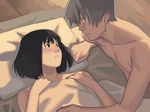  1girl bed_sheet black_hair blush bob_cut couple earrings futon game_cg grey_hair hetero inclusion jewelry naked_sheet pillow short_hair takamichi under_covers 