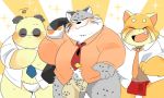  2019 ailurid anthro belly blush clothed clothing eyes_closed felid feline fundoshi giant_panda group humanoid_hands hyaku1063 japanese_clothing male mammal necktie one_eye_closed open_shirt overweight overweight_male red_panda shirt underwear ursid wink 