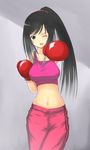  black_hair boxing boxing_gloves decoration_disorder_disconnection ishizue_kanata long_hair midriff one_eye_closed ponytail shima-shuu solo 