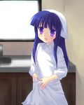  :d blush cowboy_shot day furude_rika fuyuichi higurashi_no_naku_koro_ni indoors kitchen long_hair long_sleeves looking_at_viewer open_mouth purple_eyes purple_hair shirt smile solo sunlight washbowl white_shirt window 