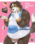 2019 anthro apron balls candy canid canine canis chocolate clothing domestic_dog english_text food holidays humanoid_hands male mammal nikiciy overweight overweight_male pink_background simple_background solo text valentine&#039;s_day yellow_eyes 