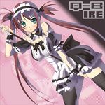  airi_(queen's_blade) between_breasts black_legwear blush breasts brown_hair detached_collar eyebrows_visible_through_hair green_eyes holding holding_weapon long_hair maid maid_headdress parted_lips queen's_blade shinozuka_atsuto solo thighhighs twintails weapon zoom_layer 