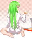  barefoot blue_panties c.c. cheese_trail code_geass feet food green_hair holding_pizza long_hair no_pants panties pizza slice_of_pizza soles solo toes underwear uni 