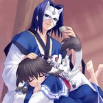  1girl alcohol animal_ears aruruw barefoot blue_eyes blue_hair brown_hair closed_eyes demon dog_ears hakuoro hand_on_head japanese_clothes lying lying_on_lap mask oekaki on_stomach petting sake short_hair tail tiger utawareru_mono zen 