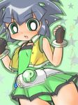  artist_request bangs belt blue_hair blunt_bangs choker fingerless_gloves gloves green_eyes jacket lowres matsubara_kaoru pleated_skirt powered_buttercup powerpuff_girls_z short_hair skirt solo tank_top 