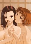  breasts brown_eyes brown_hair copyright_request highres holding_hands interlocked_fingers kobayashi_yuuji long_hair medium_breasts multiple_girls nail_polish nude short_hair yuri 