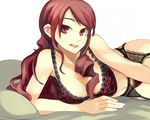  bed black_bra black_panties bra breasts cleavage garter_belt kirijou_mitsuru large_breasts lingerie long_hair lying midriff on_side panties persona persona_3 red_eyes red_hair ryman smile solo underwear underwear_only 