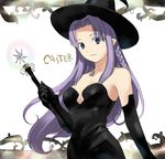  bare_shoulders black_gloves blue_eyes braid breasts caster choker cleavage elbow_gloves fate/stay_night fate_(series) gloves glowing hat jewelry long_hair medium_breasts no_bra pendant plant pointy_ears purple_hair side_braid smile solo takenashi_eri very_long_hair vines wand witch witch_hat 