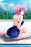  ahoge artist_request barefoot chain-link_fence day drain_(object) feet fence game_cg green_eyes highres looking_back one-piece_swimsuit outdoors pink_hair pool poolside short_hair sitting soles solo sukumizu_2 swimsuit yokozuwari 