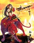  animal animal_print armor black_hair breasts cleavage fangs genderswap genderswap_(mtf) large_breasts leopard_print long_hair long_ponytail ponytail sangoku_musou sayo_tanku shin_sangoku_musou solo sun_ce teeth tiger tiger_print tonfa weapon 