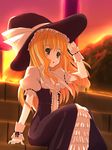  alternate_hairstyle blonde_hair embellished_costume floating_hair hand_on_headwear hat kaneru kirisame_marisa long_hair looking_afar outdoors sitting sitting_on_stairs solo stairs sunset touhou witch_hat wrist_cuffs yellow_eyes 