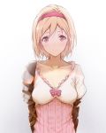  1girl blonde_hair blush breasts brown_eyes collarbone djeeta_(granblue_fantasy) gradient gradient_background granblue_fantasy hairband looking_at_viewer medium_breasts saboten short_hair smile solo underbust 