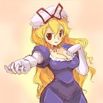  blonde_hair bow breasts cleavage elbow_gloves gloves hat hat_bow large_breasts oekaki outstretched_arm outstretched_hand raina red_eyes slender_waist solo touhou wavy_hair white_gloves yakumo_yukari 