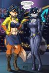  2018 beauty_mark belt blue_hair bodysuit boots breasts brown_eyes building cane canine carmelita_fox chest_tuft city cleavage clothed clothing collar cyberpunk daughter duo ear_piercing fan_character female footwear fox full_body fur future grey_fur hair handcuffs heresy_(artist) hologram jacket mammal mask midriff miniskirt mother multicolored_fur navel nervous night orange_fur outside parent piercing playstation pointing procyonid raccoon ringtail shackles skinsuit skirt skyscraper sly_cooper_(series) speech_bubble staff text tight_clothing time_travel tuft two_tone_fur video_games weapon zipper 