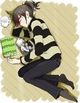  animal_ears black_hair book cat_ears cat_tail closed_eyes cup denim glasses jeans lying minigirl mug multiple_girls no_shoes on_floor original pants ponytail red-framed_eyewear short_ponytail sleeping socks striped striped_sweater sweater tail takano_saki white_hair 