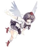  black_hair geta hat looking_at_viewer red_eyes seo_tatsuya shameimaru_aya short_hair skirt solo tengu-geta tokin_hat touhou wings 