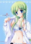  blue_eyes bra cover cover_page doujin_cover dress_shirt green_hair katase_nano lingerie open_clothes open_shirt original rating shirt solo underwear undressing 