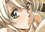  bangs blonde_hair blush close-up collarbone embarrassed face faye_(front_innocent) front_innocent green_eyes long_hair nude parted_bangs screencap solo urushihara_satoshi 