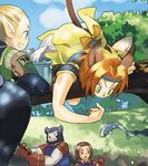  2girls animal animal_ears artist_request cat_ears day final_fantasy final_fantasy_xi fish galka hume lowres mithra multiple_boys multiple_girls tarutaru 