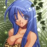  alternate_hair_length alternate_hairstyle blue_hair blush breasts cleavage hakoiri_nyanko jungle_wa_itsumo_hare_nochi_guu long_hair lowres medium_breasts one_eye_closed solo strapless tubetop weda 