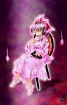  alternate_costume bad_hands black_hair book bow chair closed_eyes cup dated detached_sleeves dress full_body hair_bow hakurei_reimu oota_jun'ya pink_dress red_bow short_hair sitting socks solo tea touhou 