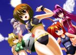  5girls adapted_costume bikini blonde_hair blue_eyes brown_hair duplicate lyrical_nanoha mahou_shoujo_lyrical_nanoha mahou_shoujo_lyrical_nanoha_a's minigirl multiple_girls name_tag one-piece_swimsuit one_eye_closed orange_hair pink_hair ponytail reinforce_zwei school_swimsuit shamal signum swimsuit vita yagami_hayate yellow_eyes 