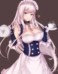  1girl absurdres apron azur_lane belfast_(azur_lane) braid breasts chains cleavage closed_mouth collar collarbone corset cup elbow_gloves eyebrows_visible_through_hair floating_hair french_braid frilled_apron frilled_gloves frills gloves heart highres holding holding_cup holding_teapot large_breasts long_hair looking_at_viewer maid maid_apron maid_headdress rstresuta side_braid silver_hair smile solo steam tea teacup teapot thighhighs very_long_hair waist_apron white_apron white_gloves 