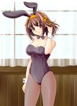  animal_ears ass_visible_through_thighs bare_shoulders blush breasts brown_hair bunny_ears bunnysuit cleavage medium_breasts pantyhose short_hair solo suzumiya_haruhi suzumiya_haruhi_no_yuuutsu yumeno_naka 