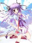  arrow bow_(weapon) copyright_request hair_ribbon long_hair mikeou miniskirt purple_hair red_eyes ribbon skirt smile solo tail twintails weapon 