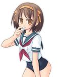  amamiya_minato brown_hair hairband kita_high_school_uniform no_pants orange_hairband school_swimsuit school_uniform serafuku short_hair solo suzumiya_haruhi suzumiya_haruhi_no_yuuutsu swimsuit swimsuit_under_clothes whistle 