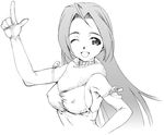  :d ahoge breasts covered_nipples cute_&amp;_girly_(idolmaster) face greyscale hands idolmaster idolmaster_(classic) idolmaster_1 medium_breasts miura_azusa monochrome one_eye_closed open_mouth pointing smile solo upper_body yamaguchi_homupe 