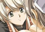  blonde_hair breasts cleavage close-up earrings faye_(front_innocent) from_above front_innocent green_eyes hair_ribbon hug jane_(front_innocent) jewelry large_breasts long_hair multiple_girls non-web_source ribbon screencap short_hair siblings silver_hair sisters smile urushihara_satoshi 
