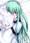  bangs c.c. code_geass green_hair long_hair lying pillow pillow_hug solo soumi_shizuru 