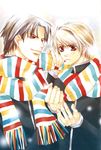  akabane_hiroshi aoyama_seiichi blonde_hair brown_hair couple fringe_trim looking_at_another male_focus matsumoto_temari multicolored multicolored_clothes multicolored_scarf multicolored_stripes multiple_boys scan scarf shared_scarf snowing striped striped_scarf upper_body uwasa_no_futari yaoi 